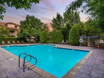 A swimming pool with chairs and trees in the background